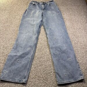 Hollister Ultra High-Rise Dad Jeans Womens 25R Blue Floral Embroidered Denim